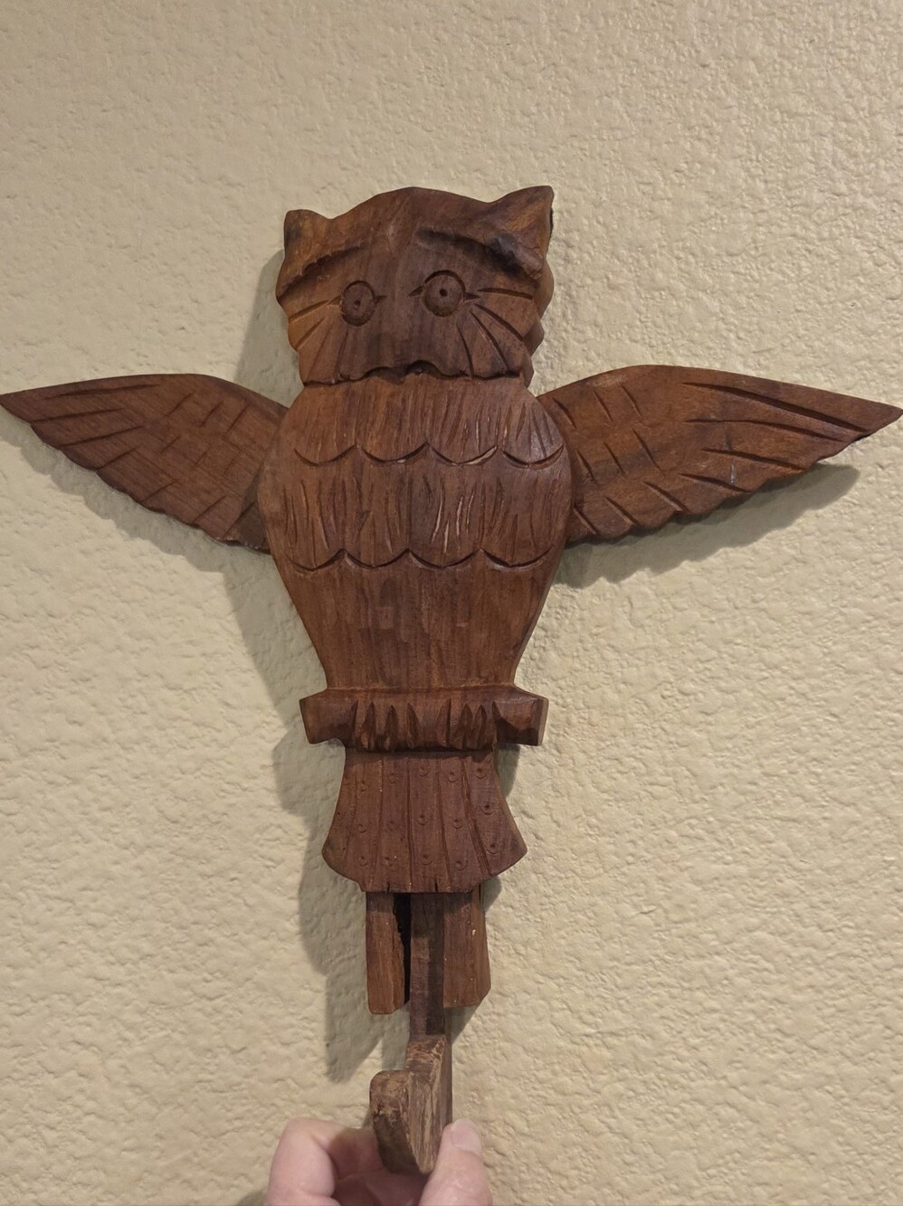 Carved Wood Owl Hook Moving Wings Folk Art Vintage Primitive Wall Decor 11" Tall
